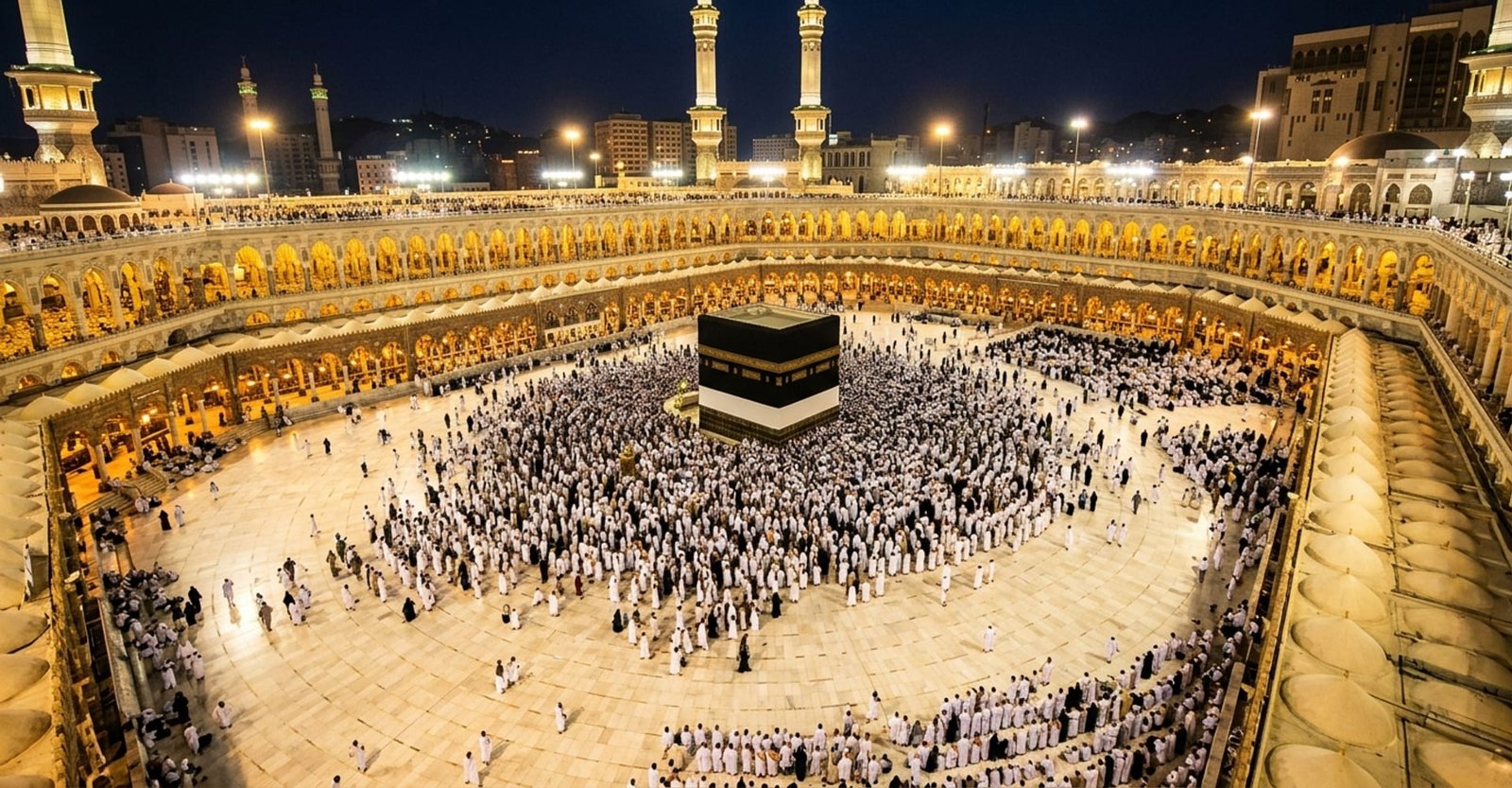 Gece Mescid-i Haram'da Kâbe etrafında tavaf eden umreciler